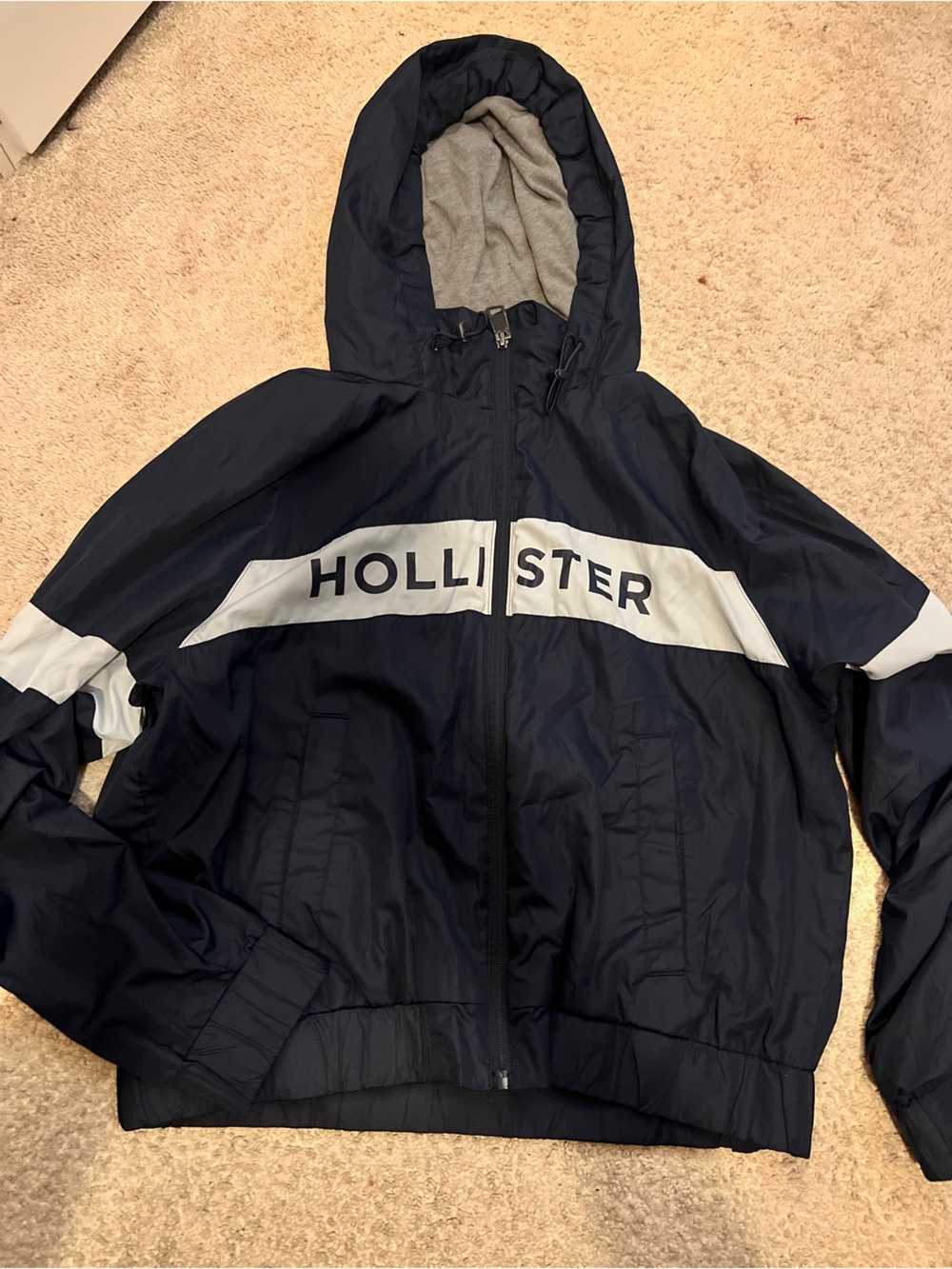 Hollister Navy and White Hooded Windbreaker Jacket